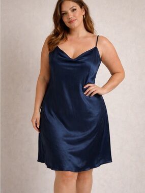 bebe Navy Satin Cowl Midi Dress